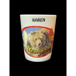 Karen Yellowstone National Park Geyser and Grizzley Bear White 1oz Shot Glass
